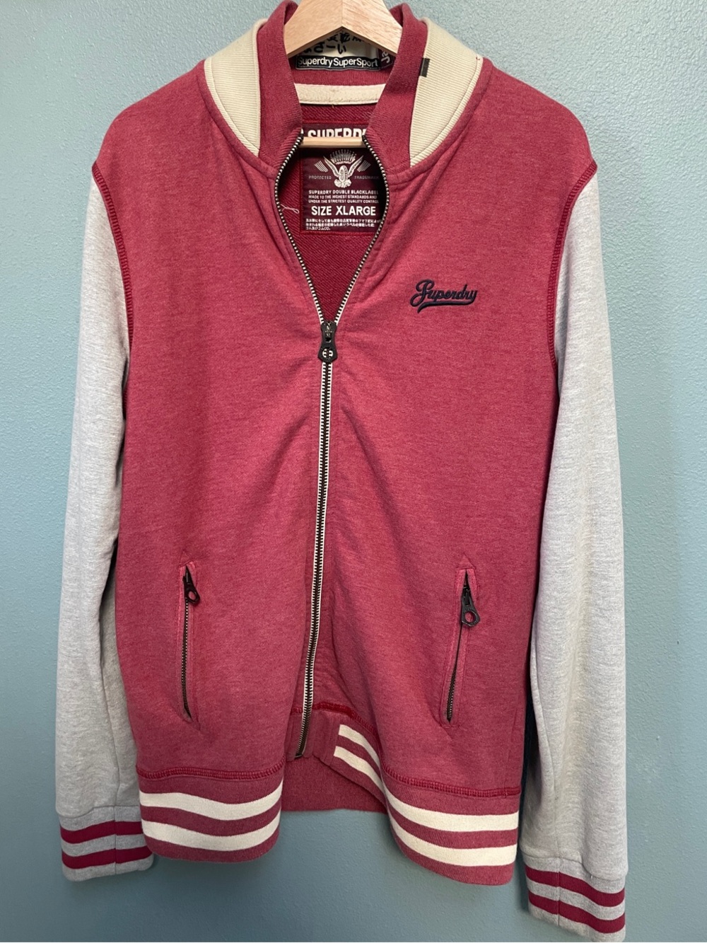 Superdry Track Varsity Zip Bomber Jacket Burgundy Gray – Men’s XL
